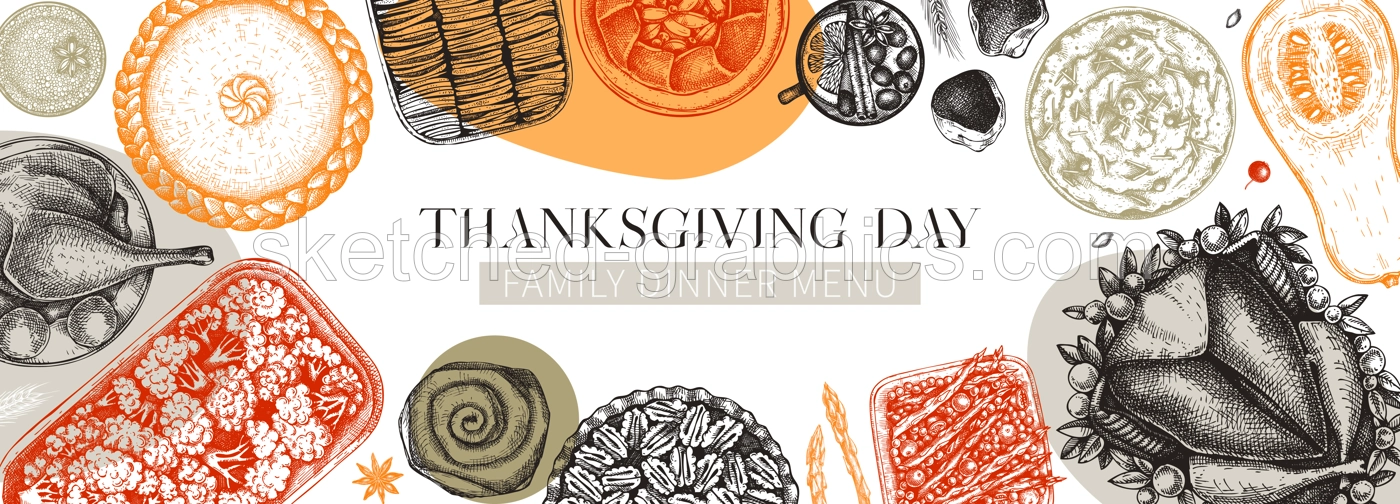 Thanksgiving dinner collage. Fall food and drinks trendy frame design. Sketched roasted turkey, cooked vegetables, baked goods, desserts sketches. Vintage autumn food template. Thanksgiving table Illustration